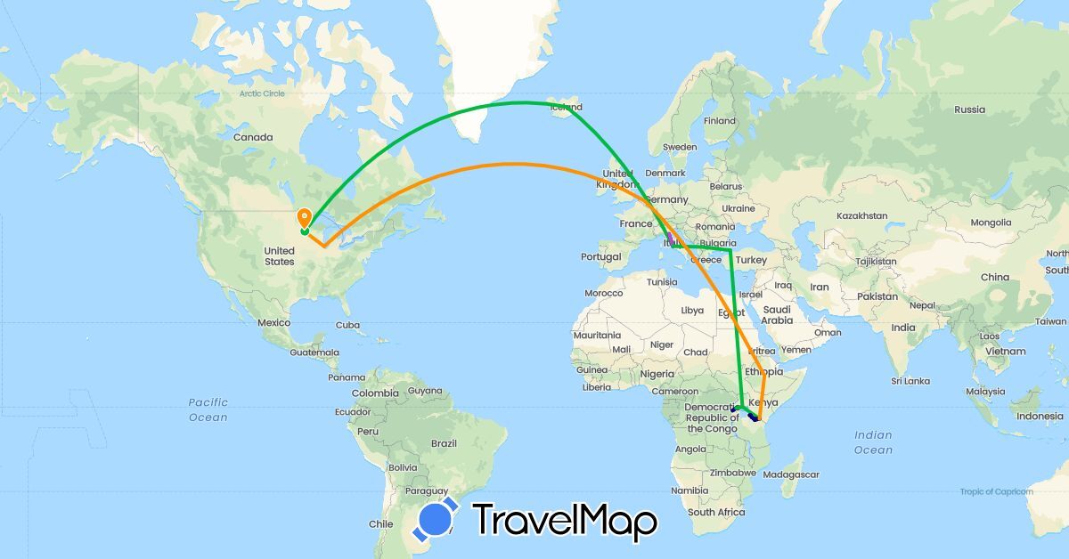 TravelMap itinerary: driving, bus, train, hitchhiking in Belgium, Ethiopia, Iceland, Italy, Turkey, Tanzania, Uganda, United States (Africa, Asia, Europe, North America)